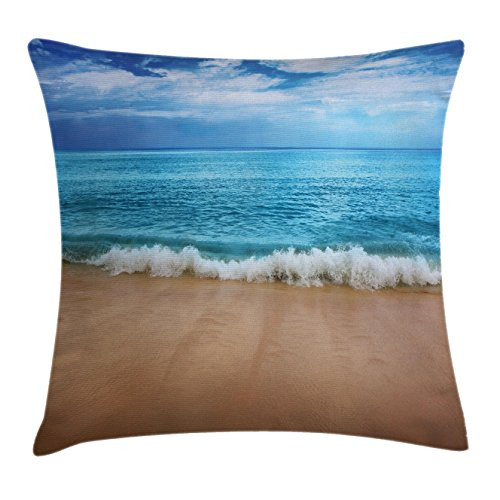 Ambesonne Ocean Throw Pillow Cushion Cover, Andaman Islands Calm Serene Sea Soft Sandy Beach Summer Day Picture, Decorative Square Accent Pillow Case, 16" X 16", Pale Brown Aqua and Blue