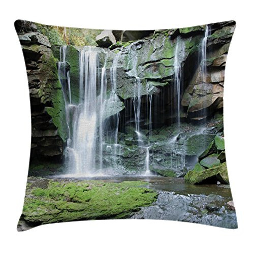 Ambesonne Waterfall Throw Pillow Cushion Cover, Rocky Waterfall to Pond Running Off Scenic Nature Themed Picture Print, Decorative Square Accent Pillow Case, 16" X 16", Green Brown White