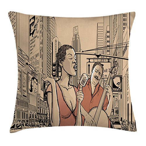 Ambesonne Jazz Music Throw Pillow Cushion Cover, Jazz Singer with Double-Bass Player in a Street of New York UrbLifestyle, Decorative Square Accent Pillow Case, 16" X 16", Brown Beige Ambesonne Jazz Music Throw Pillow Cushion Cover, Jazz Singer with Double-Bass Player in a Street of New York UrbLifestyle, Decorative Square Accent Pillow Case, 16" X 16", Brown Beige