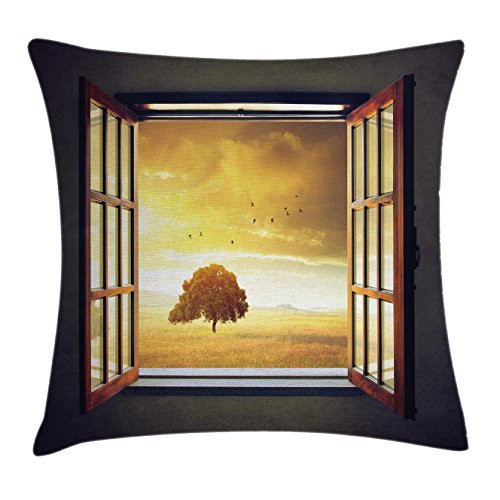 Ambesonne Spring Throw Pillow Cushion Cover, Looking Out an Open Window to a Sunny Spring Birds Countryside Landscape, Decorative Square Accent Pillow Case, 16" X 16", Grey Marigold Brown