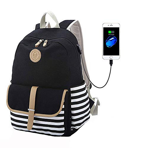 FLYMEI Canvas Laptop Bag Cute School Backpack College Bookbag Shoulder Daypack Casual Travel Bags with USB Charging Port for Teen Girls and Women