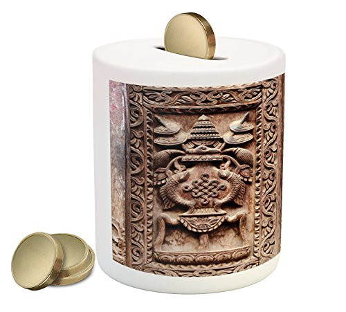 Lunarable Rustic Piggy Bank, Wooden Carved Door Image Detailed Kathmandu Cultural Facade Print, Printed Ceramic Coin Bank Money Box for Cash Saving, Brown