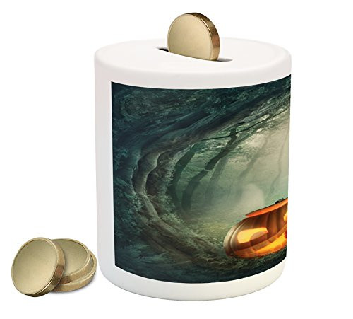 Ambesonne Halloween Piggy Bank, Drawing of Scary Halloween Pumpkin Enchanted Forest Mystic Twilight Party Art, Printed Ceramic Coin Bank Money Box for Cash Saving, Orange Teal