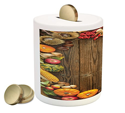 Lunarable Thanksgiving Piggy Bank, Organic Autumnal Fruits and Gourds on a Rustic Wooden Table Cornucopia, Printed Ceramic Coin Bank Money Box for Cash Saving, Brown Multicolor