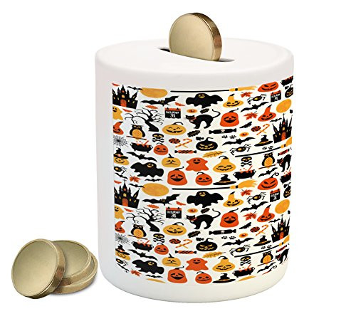 Lunarable Halloween Piggy Bank, Halloween Group Candies Owls Castles Ghosts October 31 Theme, Printed Ceramic Coin Bank Money Box for Cash Saving, Orange Yellow Black