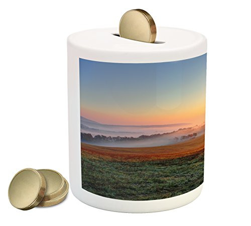 Lunarable Landscape Piggy Bank, Tree on Meadow at Dramatic Sunset Misty Weather Hills Rural Scenery, Printed Ceramic Coin Bank Money Box for Cash Saving, Orange Green Pale Blue