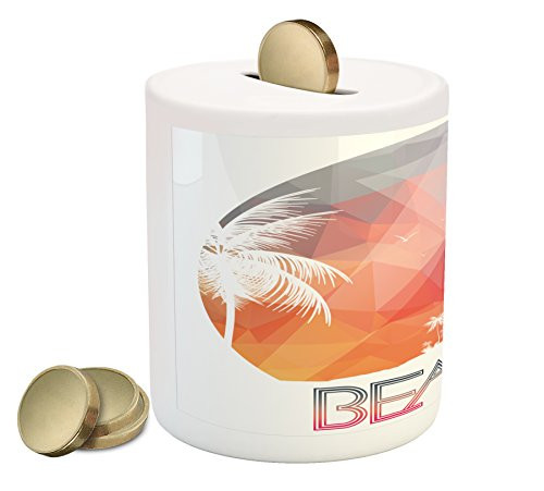 Lunarable Tropical Piggy Bank, Beach Island and Palm Trees Illustration Design Print Work of Art Print, Printed Ceramic Coin Bank Money Box for Cash Saving, Orange and White