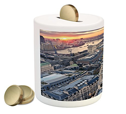 Lunarable London Piggy Bank, Aerial View of Famous Town with Historical British Architecture UK Scenery Europe, Printed Ceramic Coin Bank Money Box for Cash Saving, Orange Grey Lunarable London Piggy Bank, Aerial View of Famous Town with Historical British Architecture UK Scenery Europe, Printed Ceramic Coin Bank Money Box for Cash Saving, Orange Grey