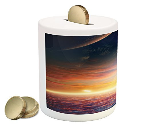 Lunarable Outer Space Piggy Bank, Atmosphere View with Stellar Gas Clouds and Energy Flow Theme Print, Printed Ceramic Coin Bank Money Box for Cash Saving, Orange Blue