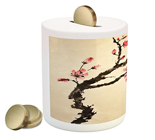 Lunarable Japanese Piggy Bank, Traditional Chinese Paint of Figural Tree with Details Brushstroke Effects Print, Printed Ceramic Coin Bank Money Box for Cash Saving, Pink Brown Lunarable Japanese Piggy Bank, Traditional Chinese Paint of Figural Tree with Details Brushstroke Effects Print, Printed Ceramic Coin Bank Money Box for Cash Saving, Pink Brown