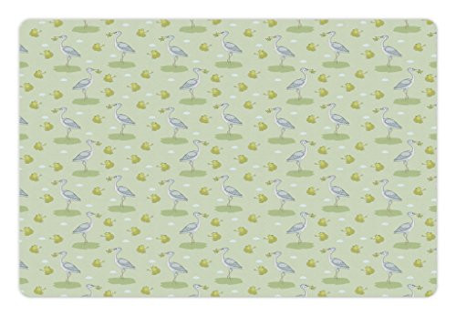 Lunarable Swamp Pet Mat for Food and Water, Heron with Green Frog in Beak Lake with Lotus Flowers Childish Nature, Rectangle Non-Slip Rubber Mat for Dogs and Cats, Baby Blue Pale Green