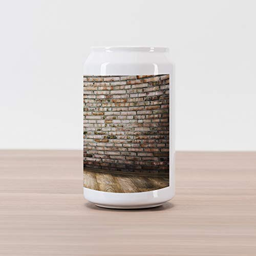 Lunarable Brick Wall Cola Can Shape Piggy Bank, Room Interior with Wood Floor Vintage Faded and Stained Brick Print, Ceramic Cola Shaped Coin Box Money Bank for Cash Saving, Multicolor