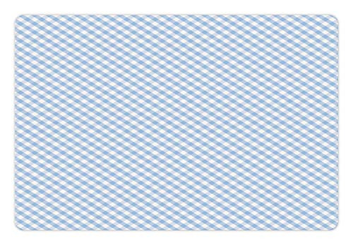 Lunarable Gingham Check Pet Mat for Food and Water, Pastel Crossing Lines and Squares Nostalgic Picnic Art Print, Non-Slip Rubber Mat for Dogs and Cats, 18" X 12", Pale Azure Blue and White