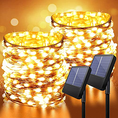 Solar Outdoor Light String- 2 Set of Anpro 33Feet 100 LED Copper Wire Lights, Solar Powered Fairy Lights, Waterproof Solar Decoration Lights for Garden Yard Party Wedding Christmas -Warm White-