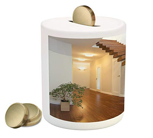 Ambesonne Modern Piggy Bank, Contemporary Hall in a Spacious Apartment, Ceramic Coin Bank Money Box for Cash Saving, 3.6" X 3.2", Brown Pastel Brown White