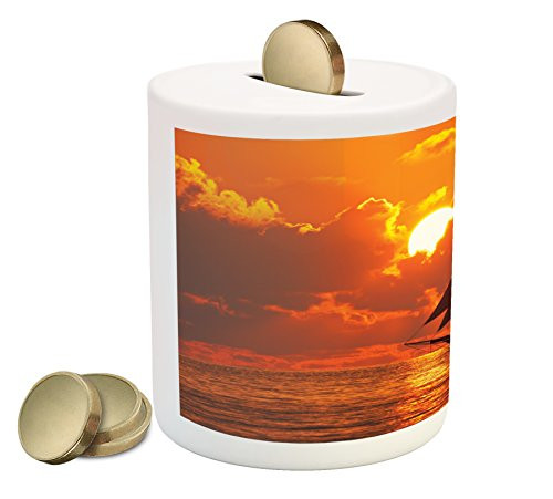 Ambesonne Sailboat Piggy Bank, Boat Sailing in Front of Sunset in Key West FloridSundown Tropical, Printed Ceramic Coin Bank Money Box for Cash Saving, Orange Dark Orange