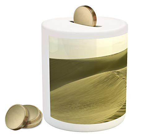 Ambesonne Desert Piggy Bank, Photo of Desert Nature Sand Sunlight Footprints Dunes, Ceramic Coin Bank Money Box for Cash Saving, 3.6" X 3.2", Slate Brown Eggshell
