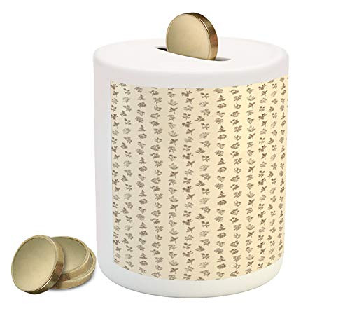 Ambesonne Botanical Piggy Bank, Continuous Herbs Plants Aromatherapy Pattern on Pastel Background, Ceramic Coin Bank Money Box for Cash Saving, 3.6" X 3.2", Beige Brown