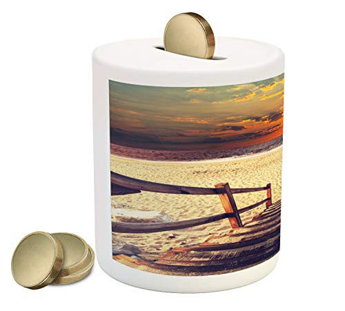 Ambesonne Beach Piggy Bank, Stairs Lead to The Beach with Dramatic Horizon Scenery Magic Skyline Solitude Print, Printed Ceramic Coin Bank Money Box for Cash Saving, Orange Cream
