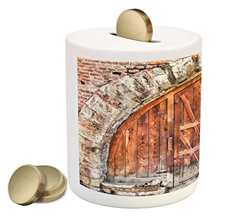 Ambesonne Rustic Piggy Bank, Vintage Historical Door with Rustic Elements Past Times Entrance, Printed Ceramic Coin Bank Money Box for Cash Saving, Grey Orange