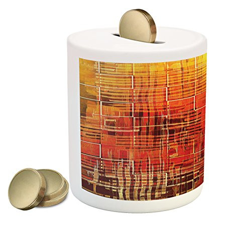 Ambesonne Burnt Orange Piggy Bank, Modern Mosaic Art Texture with Small Frames and Lines Fall Illustration, Printed Ceramic Coin Bank Money Box for Cash Saving, Orange Yellow