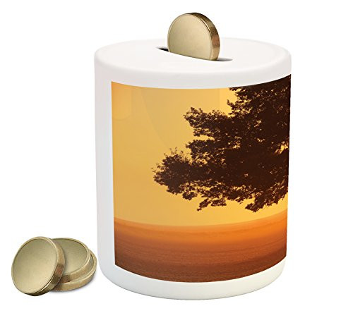 Ambesonne Tree Piggy Bank, Lonely Tree on The Field at Sunrise in Warm Color Countryside Foggy Morning Scenery, Printed Ceramic Coin Bank Money Box for Cash Saving, Brown Orange