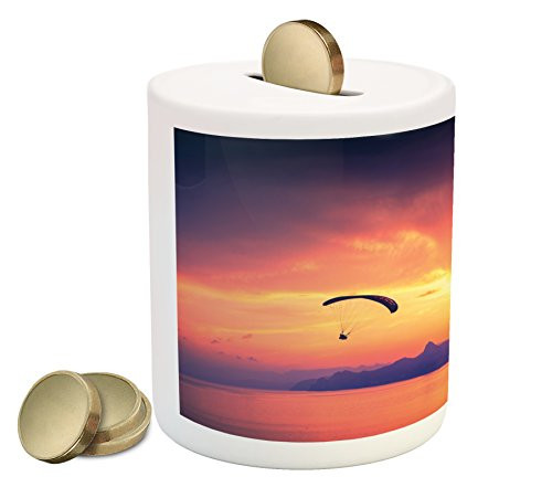 Ambesonne Sports Piggy Bank, Paragliding Silhouette Over Sea at Sunset with Reflection of Sun Epic Ocean Scenery, Printed Ceramic Coin Bank Money Box for Cash Saving, Orange Ambesonne Sports Piggy Bank, Paragliding Silhouette Over Sea at Sunset with Reflection of Sun Epic Ocean Scenery, Printed Ceramic Coin Bank Money Box for Cash Saving, Orange