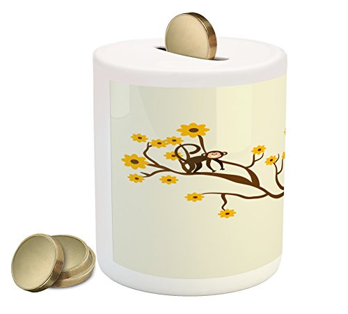 Ambesonne Funny Piggy Bank, Monkey Animations Fun Chimpanzees Climbing on Daisy Trees Animal Life, Printed Ceramic Coin Bank Money Box for Cash Saving, Brown Yellow