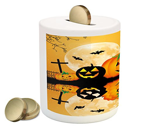 Ambesonne Halloween Piggy Bank, Spooky Carved Halloween Jack o Lantern and Full Moon with Bats and Grave Lake, Printed Ceramic Coin Bank Money Box for Cash Saving, Orange Black
