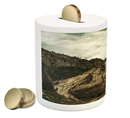 Ambesonne Yosemite Piggy Bank, Waterfalls in Yosemite National Park California Famous Travel Destination, Printed Ceramic Coin Bank Money Box for Cash Saving, Brown Reseda Green