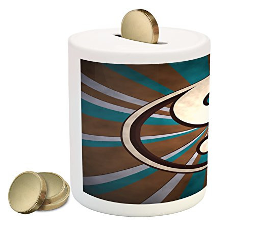 Ambesonne Ying Yang Piggy Bank, Grungy Retro Striped Sunburst Pattern Hippie Style Culture Boho Print, Printed Ceramic Coin Bank Money Box for Cash Saving, Brown White Blue