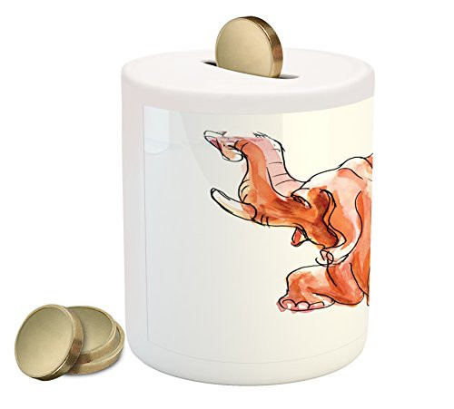 Ambesonne Animal Piggy Bank, Little Baby Safari Theme Elephant Fall Down Watercolored Artwork, Printed Ceramic Coin Bank Money Box for Cash Saving, Orange and White