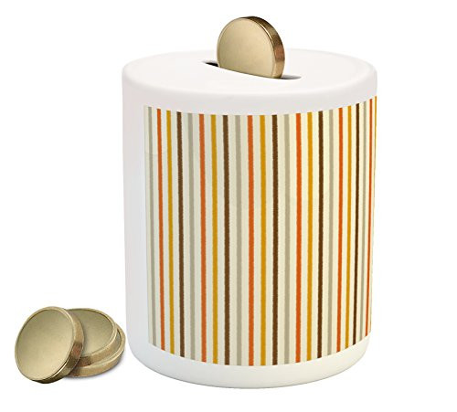 Ambesonne Vintage Piggy Bank, Retro Nostalgic 60s 70s Fashion Stripes Vertical Pattern Vintage, Printed Ceramic Coin Bank Money Box for Cash Saving, Orange Mustard Dust Cream