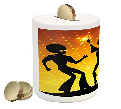 Ambesonne 70s Party Piggy Bank, Dancing People in Disco Night Club with Afro Hair Style Bokeh Backdrop, Printed Ceramic Coin Bank Money Box for Cash Saving, Orange Yellow Black
