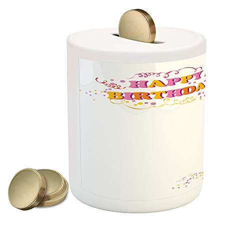 Ambesonne Birthday Party Piggy Bank, Celebration Girl Themed Party Cake Candles Balloons Hearts Image Print, Printed Ceramic Coin Bank Money Box for Cash Saving, Orange and Pink