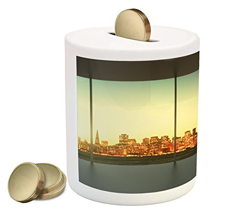 Ambesonne Modern Piggy Bank, Empty Office at Sunset with View to Skyline Architecture Downtown City Art, Printed Ceramic Coin Bank Money Box for Cash Saving, Orange Grey Green Ambesonne Modern Piggy Bank, Empty Office at Sunset with View to Skyline Architecture Downtown City Art, Printed Ceramic Coin Bank Money Box for Cash Saving, Orange Grey Green