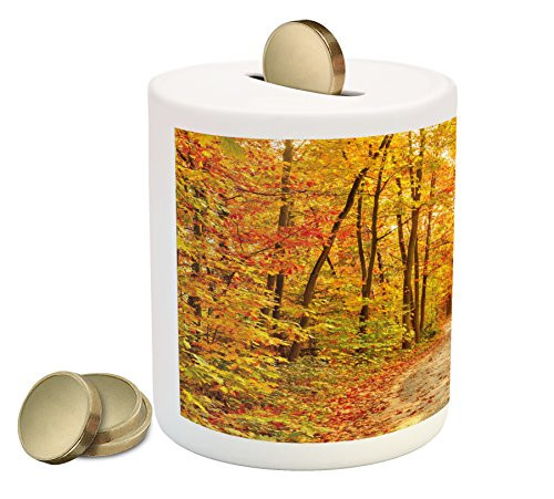 Ambesonne Fall Piggy Bank, Deciduous Trees with Seasonal Leaves Pathway Wilderness Woodland Image, Printed Ceramic Coin Bank Money Box for Cash Saving, Orange Pale Green Brown