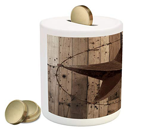 Ambesonne Rustic Piggy Bank, Wooden Background Pattern with a Weathered Star Figure Image, Ceramic Coin Bank Money Box for Cash Saving, 3.6" X 3.2", Brown Dark Grey Ambesonne Rustic Piggy Bank, Wooden Background Pattern with a Weathered Star Figure Image, Ceramic Coin Bank Money Box for Cash Saving, 3.6" X 3.2", Brown Dark Grey