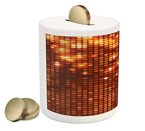 Ambesonne Abstract Piggy Bank, Symmetric Dots Pattern Vivid Color Details Spotty Mosaic Design, Printed Ceramic Coin Bank Money Box for Cash Saving, Orange Dark Orange Yellow