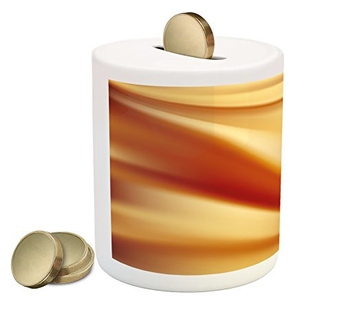 Ambesonne Orange and Yellow Piggy Bank, Abstract Vivid Colors in Wavy Composition Fantasy Romantic Curves, Printed Ceramic Coin Bank Money Box for Cash Saving, Orange Yellow