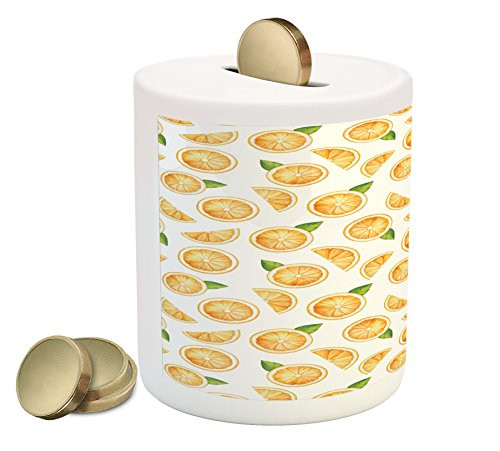 Ambesonne Orange Piggy Bank, Watercolor Slices of Orange Fruit with Green Leaves Fresh Ripe Juicy Food, Printed Ceramic Coin Bank Money Box for Cash Saving, Orange Green White