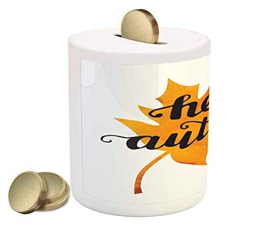 Ambesonne Autumn Piggy Bank, Maple Leaf Silhouette in Warm Colors with Hand Lettering Fall Season Words, Printed Ceramic Coin Bank Money Box for Cash Saving, Orange and Black