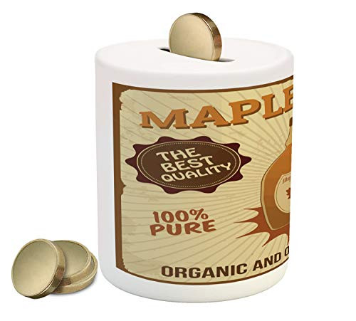 Ambesonne Retro Piggy Bank, Maple Syrup Ad with Grunge Effect Worn Out Background with Stripes, Printed Ceramic Coin Bank Money Box for Cash Saving, Brown Pale Brown and Beige Ambesonne Retro Piggy Bank, Maple Syrup Ad with Grunge Effect Worn Out Background with Stripes, Printed Ceramic Coin Bank Money Box for Cash Saving, Brown Pale Brown and Beige