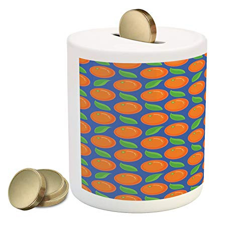 Ambesonne Orange Piggy Bank, Graphic Ripe Citrus Fruit Pattern with Green Leaves on Blue Background, Printed Ceramic Coin Bank Money Box for Cash Saving, Orange Blue and Green