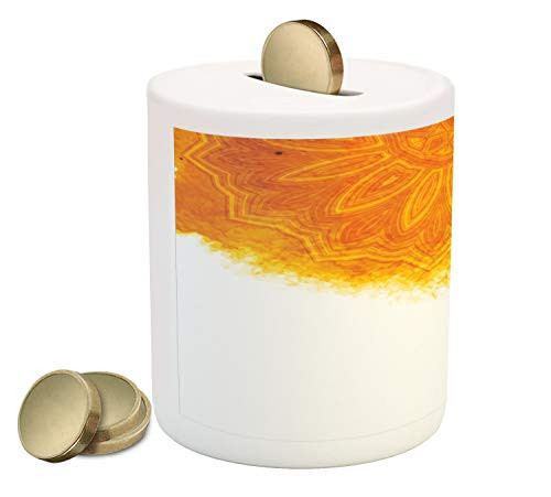 Ambesonne Boho Piggy Bank, Bohemian Style Round Tribal Motif with Watercolor Brush Effect, Printed Ceramic Coin Bank Money Box for Cash Saving, Orange Burnt Orange and White