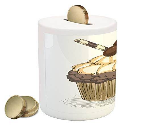 Ambesonne Cupcake Piggy Bank, Hand Drawn Chocolate Cake with Waffles and Hazelnut Balls Culinary, Printed Ceramic Coin Bank Money Box for Cash Saving, Pale Brown Warm Taupe Cream