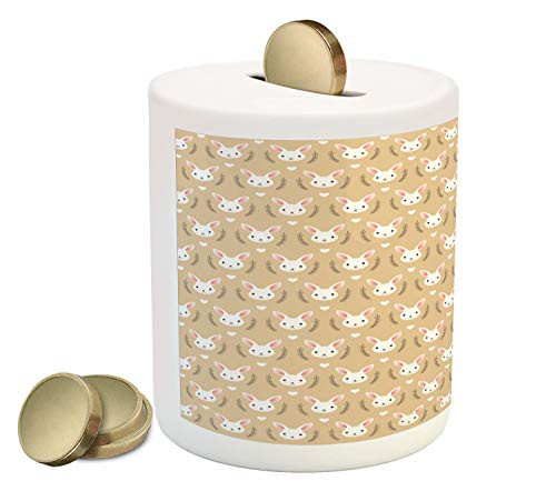 Ambesonne Animals Piggy Bank, Repeating Rabbit Heads and Happy with Long Ears, Ceramic Coin Bank Money Box for Cash Saving, 3.6" X 3.2", Pastel Brown Tan