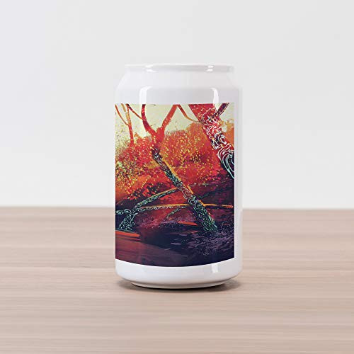 Ambesonne Fantasy Cola Can Shape Piggy Bank, Fall Autumn Scenery in Habitat Woodland Imaginitive Fiction View, Ceramic Cola Shaped Coin Box Money Bank, 4.5" X 2.5", Orange Purple