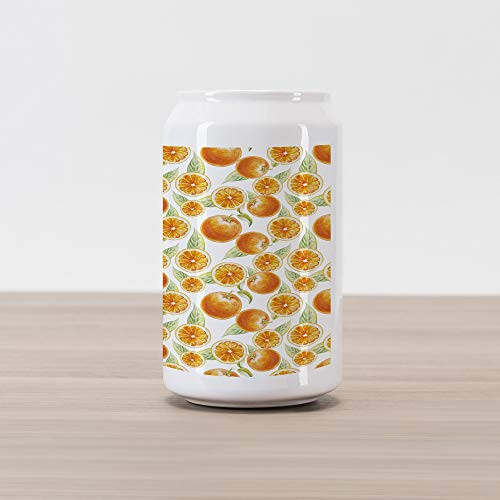 Ambesonne Nature Cola Can Shape Piggy Bank, Orange Fruit Leaves Pattern Watercolors Citrus Eco Juicy Healthy Food Artwork, Ceramic Cola Shaped Coin Box Money Bank for Cash Saving, Orange Pale Green