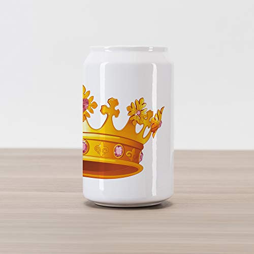 Ambesonne Queen Cola Can Shape Piggy Bank, Crown with Pale Pink Gemstone Antique Tiara Nobility Cartoon, Ceramic Cola Shaped Coin Box Money Bank for Cash Saving, Orange and Rose